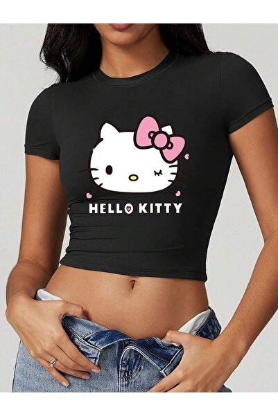 WESTİMO Kadın Siyah Hello Kitty Baskılı Bisiklet Yaka Dar Crop Tshirt
