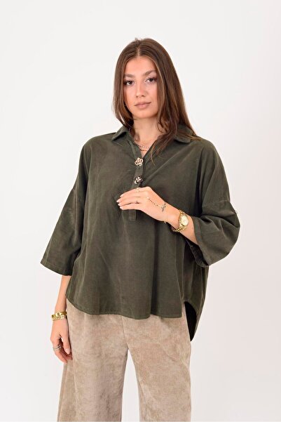 Park Moda 75170 Brooch Detail Taupe Velvet Shirt