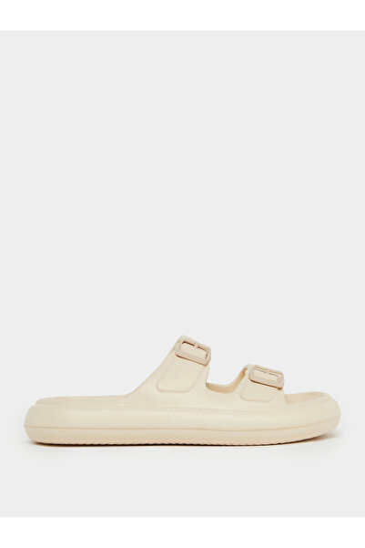 Styli Beige Double Buckle Comfort Slide Sandals