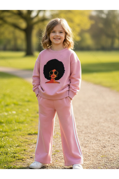 Take Two By Styli Girls Pink Graphic Print Fleece Sweatshirt with Pants Set
