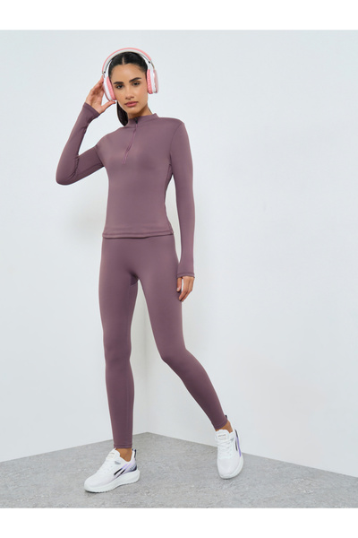 Styli Back Mesh Insert Half Zip Thumbhole Sleeve Top and Leggings Set