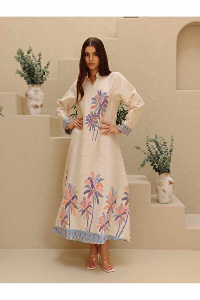 IKKXA جلابية أنيقة مطبوع بتصميم نخيل