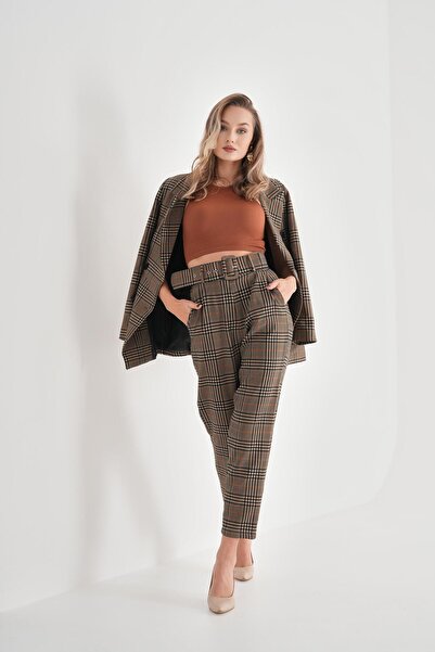 VELİZADE Kadın Yüksek Bel Ekose Kemerli Boru Paça Havuç Pantolon