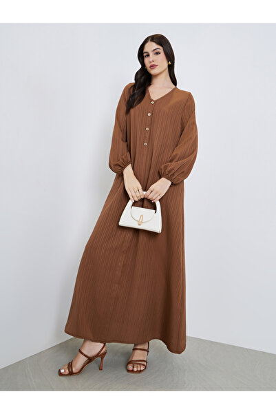 Styli Women Brown Textured Buttoned Maxi Jalabiya