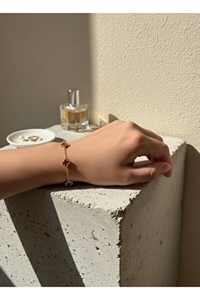 ausel store Bordo renk küçük yonca gold renk kaplama çelik bileklik