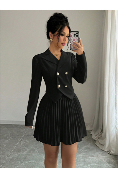 Take Two By Styli Women Lapel Blazer and Pleated Skirt Co-ords