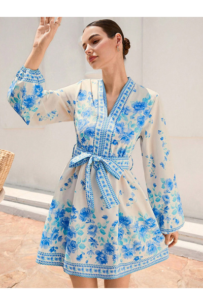 Take Two By Styli Women's Floral Printed Belted Detail Lantern Sleeve Mini Dress
