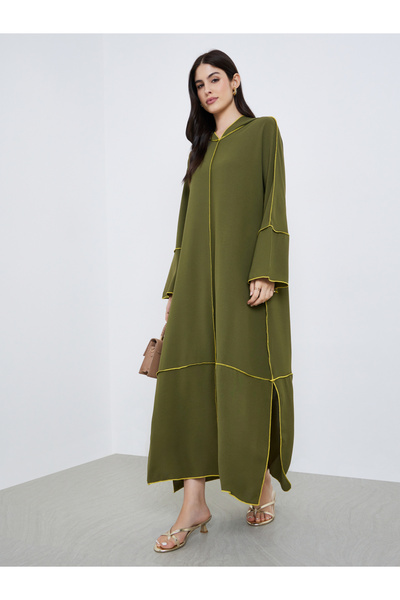 Styli Women Khaki Maxi Jalabiya with Contrast Trim