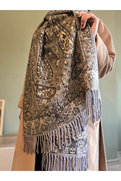 bazin Yumuşak Etnik Desen Orijinal Kaşmir Atkı-Kashmir Omuz Şalı 196x65