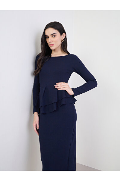 Styli Women Navy Blue Long Sleeve Midi Sheath Dress