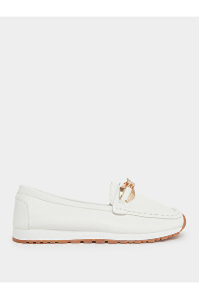Take Two By Styli White Leather Loafers with Gold Buckle