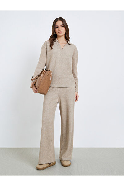 Styli Women Beige Open Collar Knit Top and Pants Co-ords