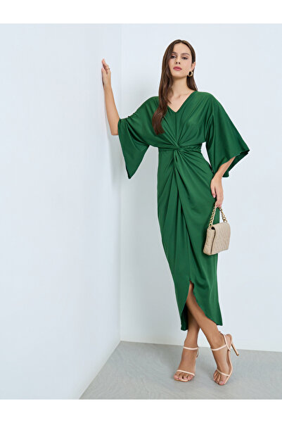 Take Two By Styli فستان ميدي أخضر زمردي بتفاصيل مطوية