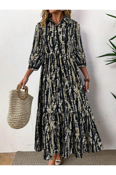 Take Two By Styli Women's Allover Printed Lapel Design 3/4 Sleeve Maxi Dress