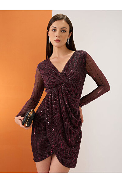 Globus By Styli Maroon Wrap V-Neck Embellished Tulip Hem Mini Dress