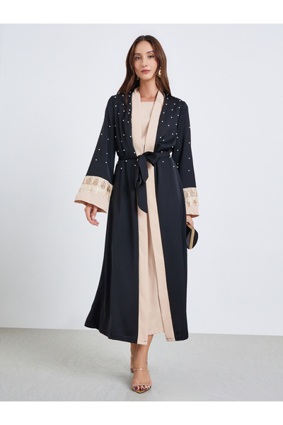 Take Two By Styli Women's colorblocked Faux Pearl Decor Belted Abaya with Inn...