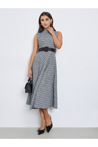 Styli Black and White Belted Sleeveless A-Line Midi Dress