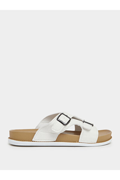 Styli Men White Buckle Slide Sandals