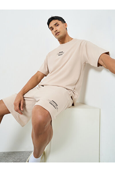 Styli Men Beige Oversized T-Shirt and Drop-Crotch Shorts Co-Ords