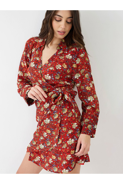 Globus By Styli Red Floral Print Wrap Mini Dress