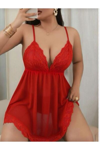 Luna Night Büyük Beden Kırmızı Askılı Dantelli Gecelik