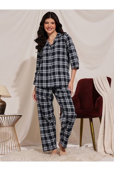 Clovia By Styli Checkered Button Down Shirt and Pyjama Set