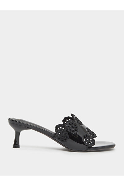 Styli Black Floral Cutout Kitten Heel Sandals