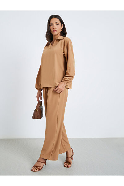 Styli Women Beige Shirt Collar Top and Pants Modest Set