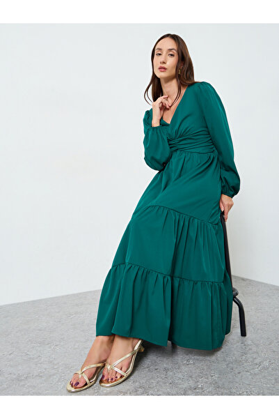 Take Two By Styli Women Solid V Neck Tiered Maxi Dress