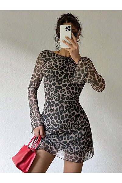 Take Two By Styli Women's Leopard Print Backless Long Sleeve Mini Dress