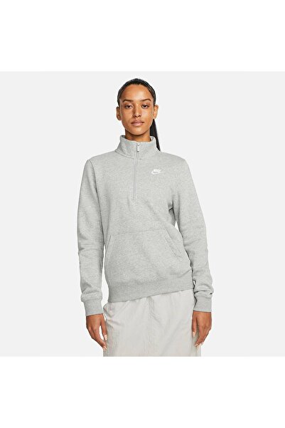 Nike Sportswear Club Fleece Half Zip Kadın Gri Çeyrek Fermuar Sweatshirt