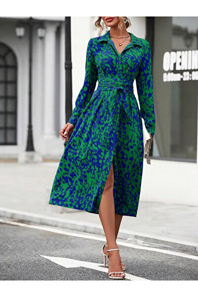 Take Two By Styli Women's Allover Printed Belted Button Front Detail Long Sle...