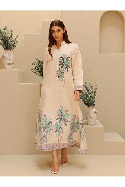 IKKXA جلابية أنيقة مطبوع بتصميم نخيل