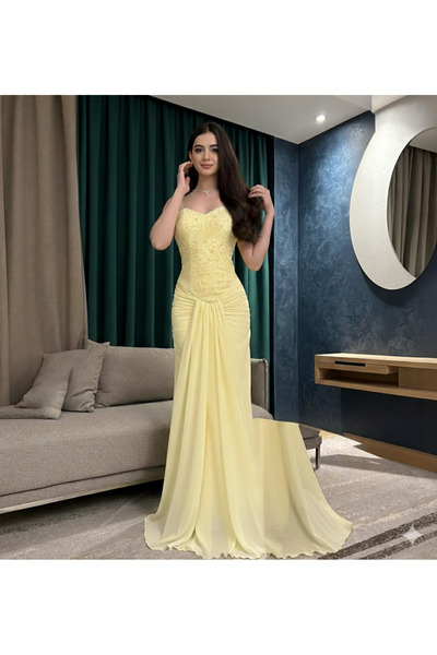 elin فستان سهرة ليموني بتطريز خرزي وقصّة كورسيه أنيقة