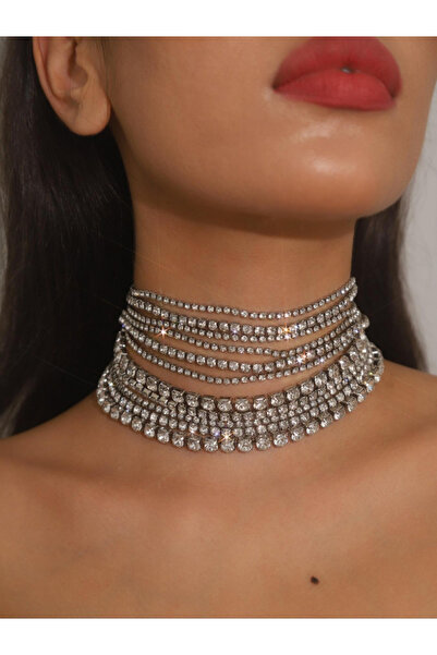 Take Two By Styli Silver Crystal Layered Choker Necklace