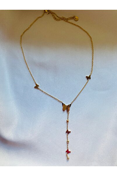 M&S Moon Shine Çelik Kelebek Figürlü Taşlı Y Kolye