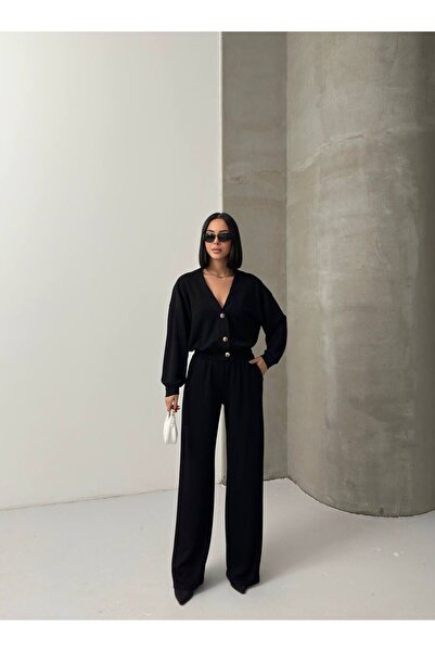 charme butik Women's Gold Buttoned V-Neck Modal Fabric Cardigan-Pants Two-Pie...