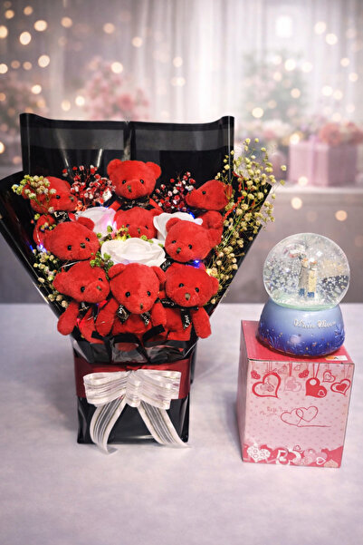 Silver Seasons Işıklı Ayıcıklı Hediye Buketi ve Orta Boy Kar Küresi