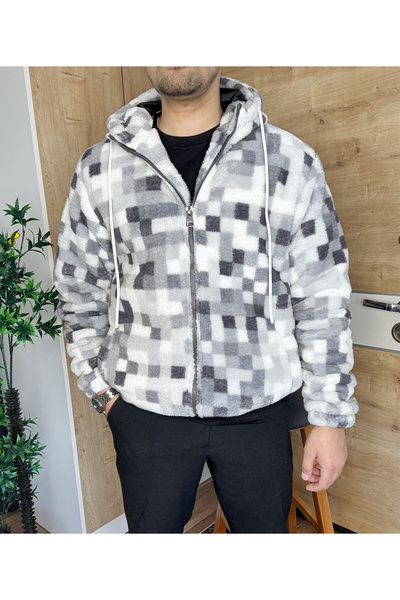 blucombin Kapşonlu Desenli Mont Peluş Astarlı Oversize