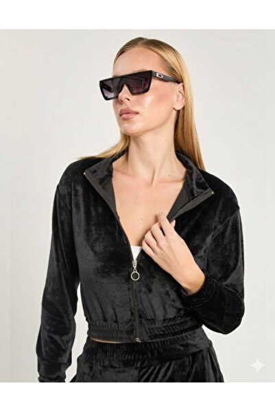 WOHOME Hanorac de catifea pentru femei guler ridicat cu fermoar tricou - negru