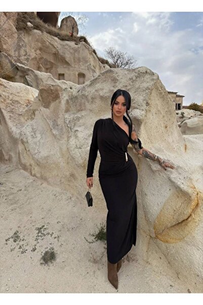 TRENDLİA Kadın Omuz Drapeli Bel Aksesuarlı Midi Elbise