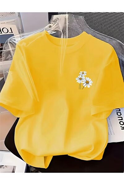 oneagılyazı Soft and Comfortable Green Daisy Printed T-Shirt
