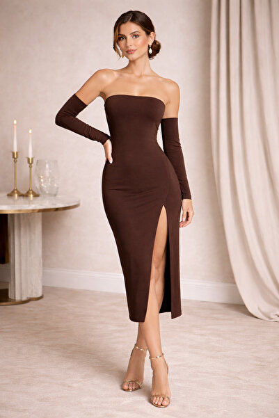 Nsb Tasarım Strapless Sleeve Detailed Deep Slit Elegant and Sexy Dress