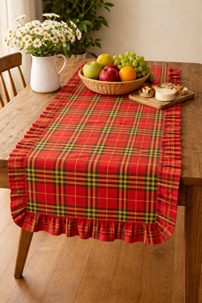 Belomia Home Collection Ekose Desen 40x110 Fırfırlı Runner| Yılbaşı Ekoseli K...