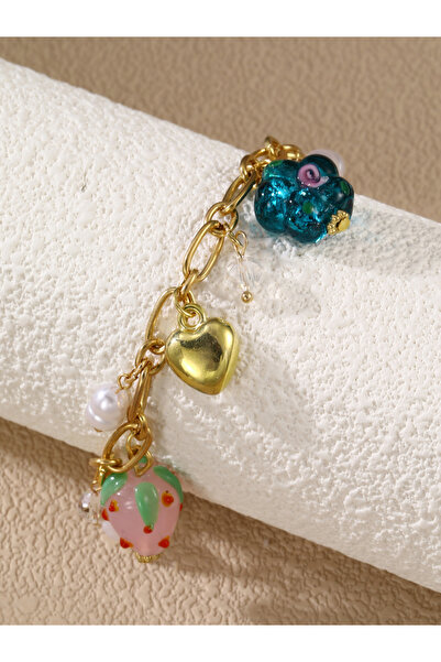 Take Two By Styli Heart Strawberry Floral Faux Pearl Charm Bracelet