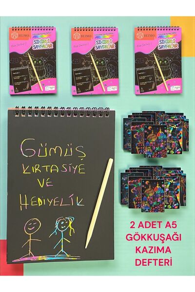 Beimo 2 ADET A5 SİPRALLİ SİHİRLİ GÖKKUŞAĞI KAZIMA DEFTERİ 8 YAPRAK & AHŞAP KALEM