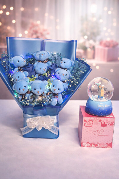 Silver Seasons Işıklı Ayıcıklı Hediye Buketi ve Orta Boy Kar Küresi