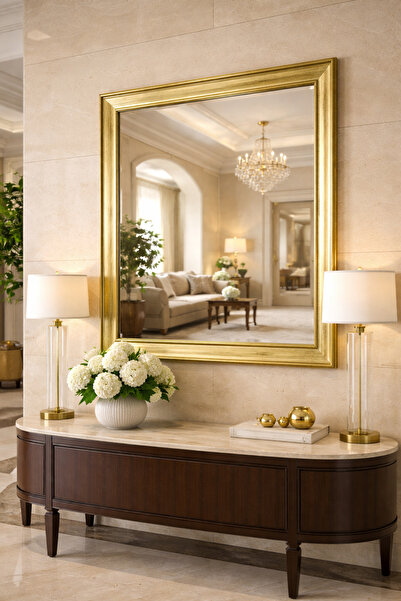 Narkissos Dizayn Lüks Klasik Eskitme Gold Altın Çerçeveli Duvar Aynası-5cm Çerçeve Genişliği