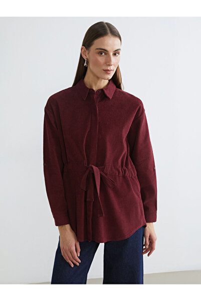 LC Waikiki Burgundy Belted Women's Velvet Shirt Tunic