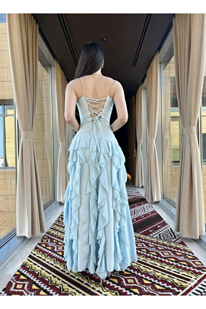 elin Sky blue evening dress with an elegant, flowing, layered design